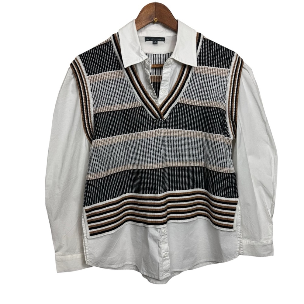 Adrianna Papell Mixed Media Vest Layered Over Shirt Office Preppy Career English